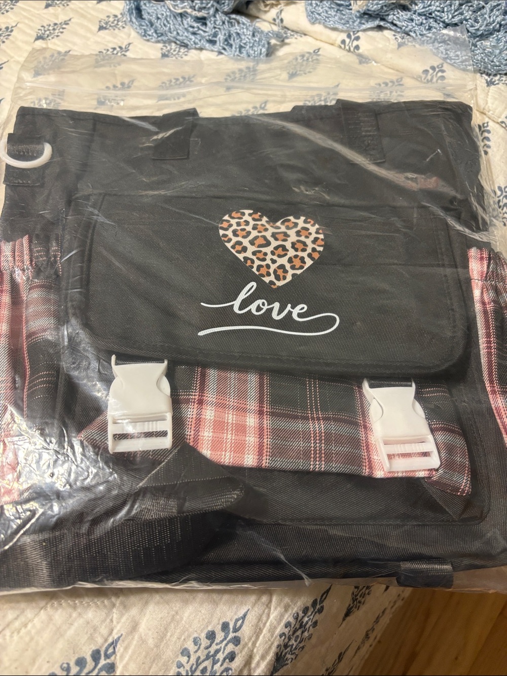 Black Plaid Backpack with Leopard Heart Accent - Love Design